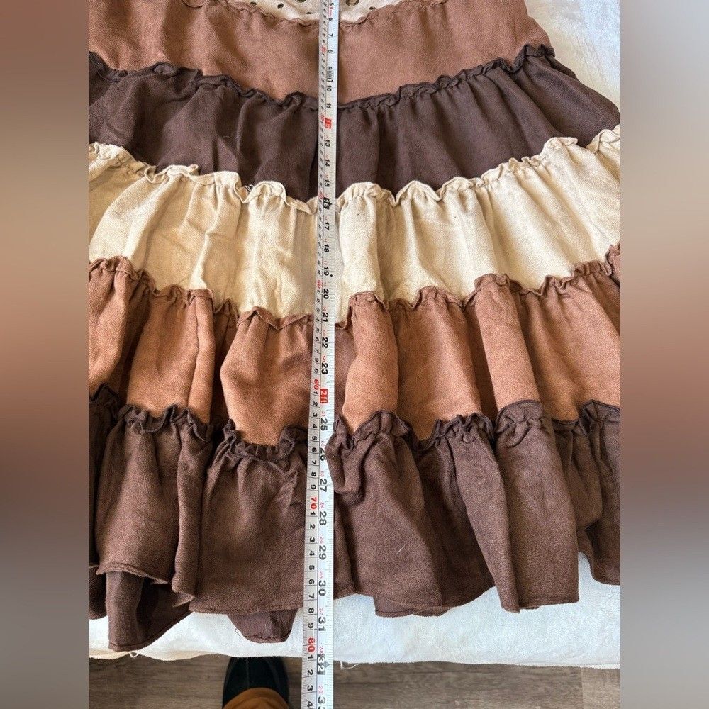 Lulumari Boho Tiered Midi Skirt L Brown Cream Grommet Y2K Western - Picture 8 of 9